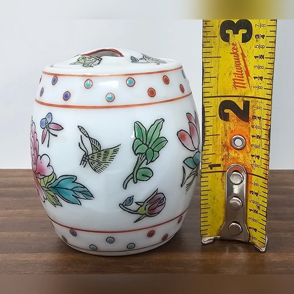 Vintage Hand Painted Chinese Famille Rose Barrel Miniature Porcelain Spice Jar